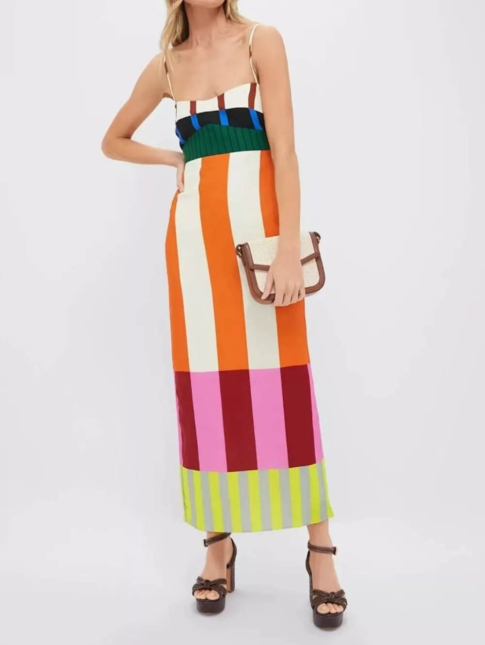 Color-Block Striped Spaghetti Strap Midi Dress